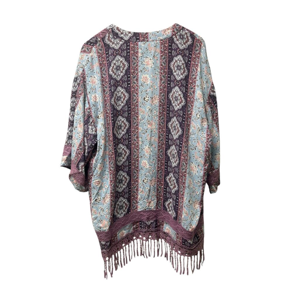 Andree by Unit Purple Lace Kimono M Paisley Fringe Boho Open Front‎ Shawl Jacket - Picture 6 of 10